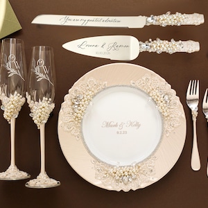 Wedding engraved glasses bride groom engagement gifts pearl Cake cutting set ivory Wedding shower gifts Personalized champagne flutes rustic