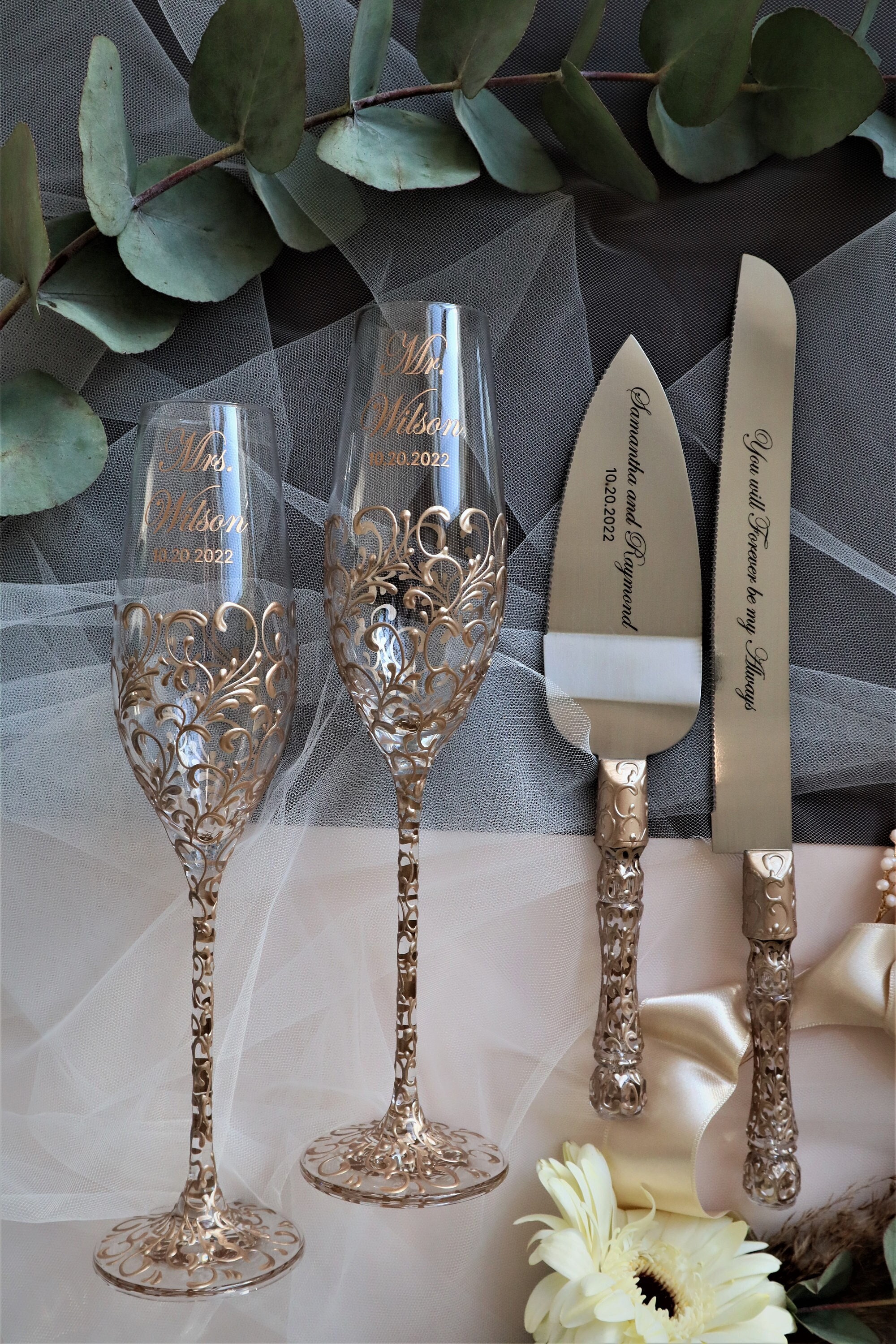 Wedding Champagne Flutes, Wedding Cake Knife and Server Set