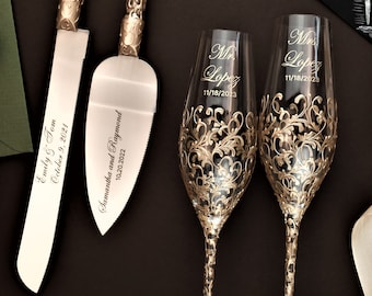 Wedding Champagne flutes and Cake Server Set 25th anniversary gifts Wedding toasting glasses boho beach Cake knife set, gifts for bride