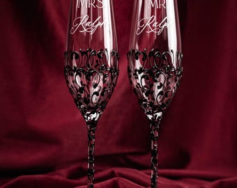 Black goth cake cutting server knife set bride groom scull till death Gothic wedding halloween engraved Champagne glasses personalized gifts