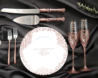 Cuchillo y servidor de pastel de boda personalizado para novia y novio, cortador de pastel de boda, regalo de boda, servidor de corte de pastel de aniversario, oro rosa