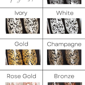 May include: An image showcasing a variety of decorative glasses in different colors: silver, ivory, white, gold, champagne, rose gold, and bronze. The text "Choose the color for your set" is at the top. Each glass has an ornate floral design.