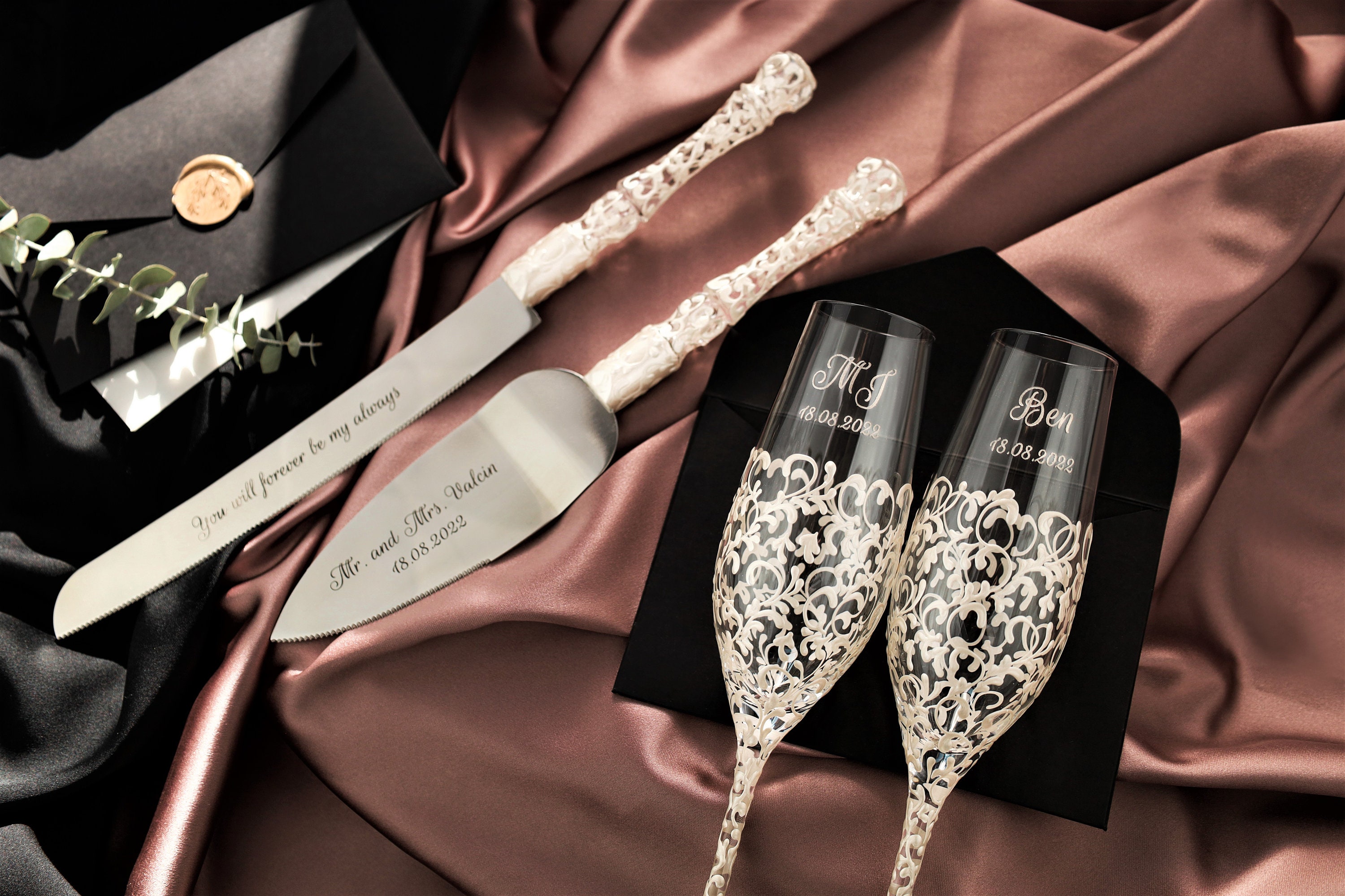 Buy Wedding Champagne Flutes and Cake Knife Set for Bride and