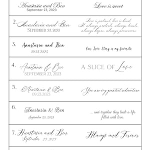 May include: A white background displays engraving design options for cake sets. The text includes examples of names and dates, along with phrases like "Love is sweet" and "Always and Forever."