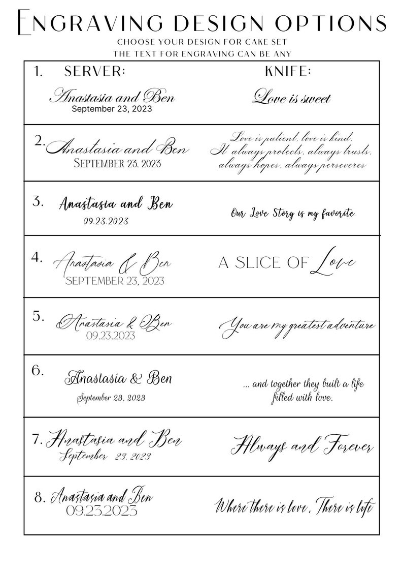 May include: A white background displays engraving design options for cake sets. The text includes examples of names and dates, along with phrases like "Love is sweet" and "Always and Forever."