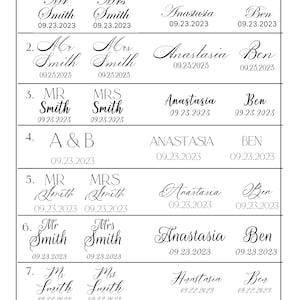 Puede incluir: Gr&aacute;fico en blanco y negro que muestra opciones de dise&ntilde;o de grabado para flautas. Las opciones incluyen varios nombres y fechas, como "Mr Smith", "Mrs Smith", "Anastasia" y "Ben", con fechas como 09.23.2023.