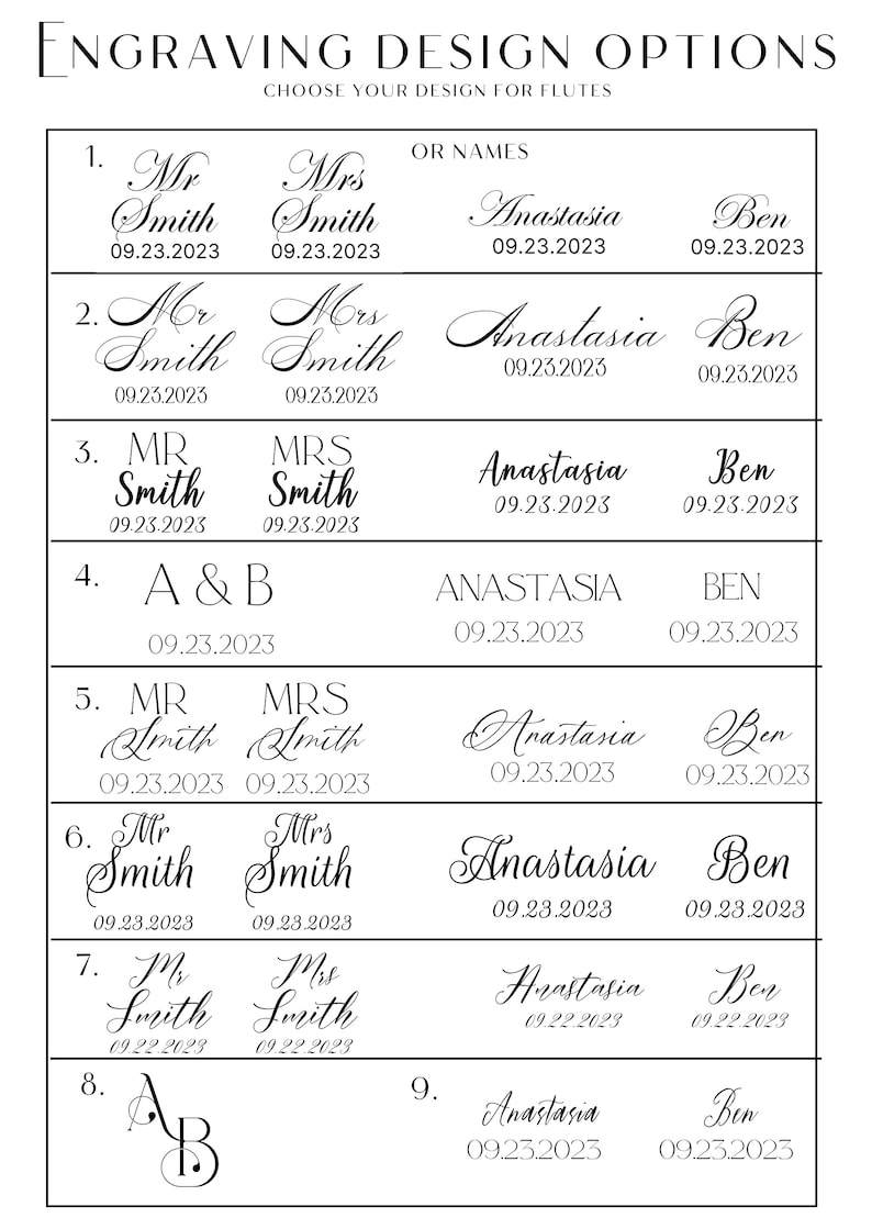 Puede incluir: Gr&aacute;fico en blanco y negro que muestra opciones de dise&ntilde;o de grabado para flautas. Las opciones incluyen varios nombres y fechas, como "Mr Smith", "Mrs Smith", "Anastasia" y "Ben", con fechas como 09.23.2023.