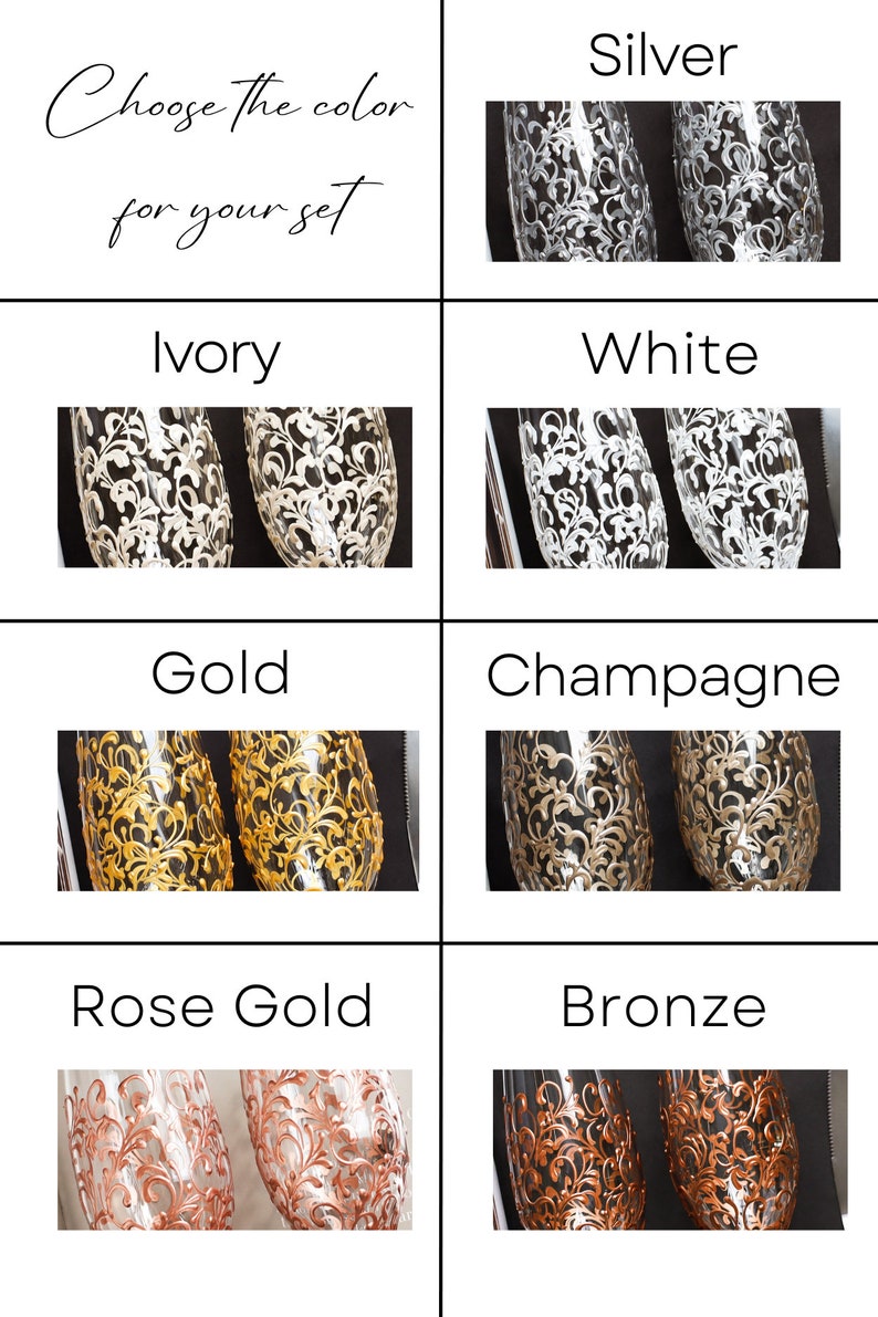 May include: Choose the colour for your set. Six pairs of champagne flutes with different coloured bases and white floral designs. The colours are silver, white, gold, champagne, rose gold, and bronze.