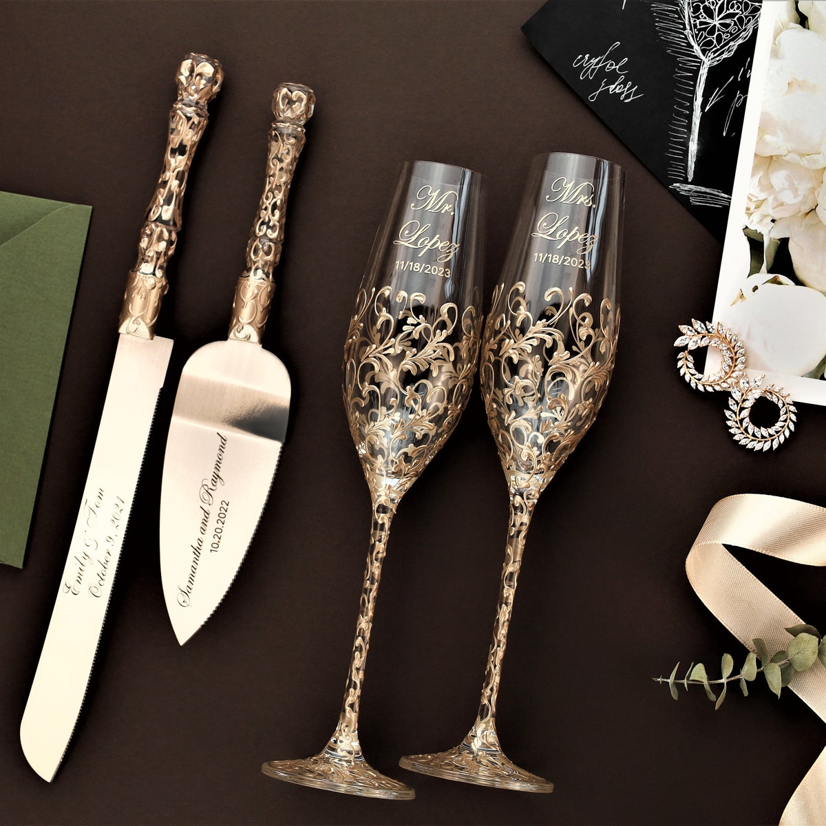 Wedding Gift Champagne Flutes and Cake Server Set (Champagne Color)