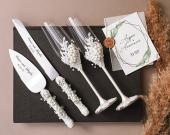 White Wedding Cake Server Set Wedding Cake Knife Cake Cutting Set Cake Servers Wedding pearls crystal Cake Server white knife set of 2