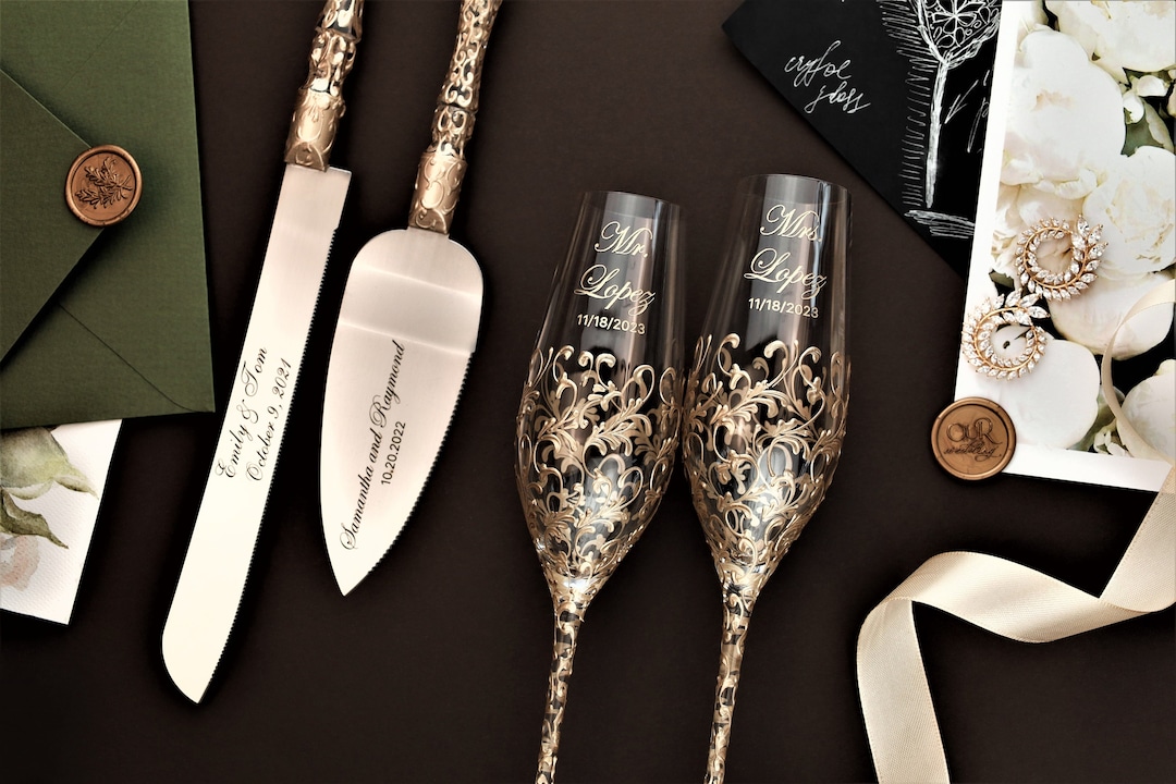 Wedding Gift Champagne Flutes and Cake Server Set for Bride and Groom