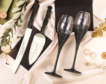 Black gothic wedding champagne flutes, Toasting glasses Black and gold Personalized gift anniversary Champagne glasses, flutes and cake set