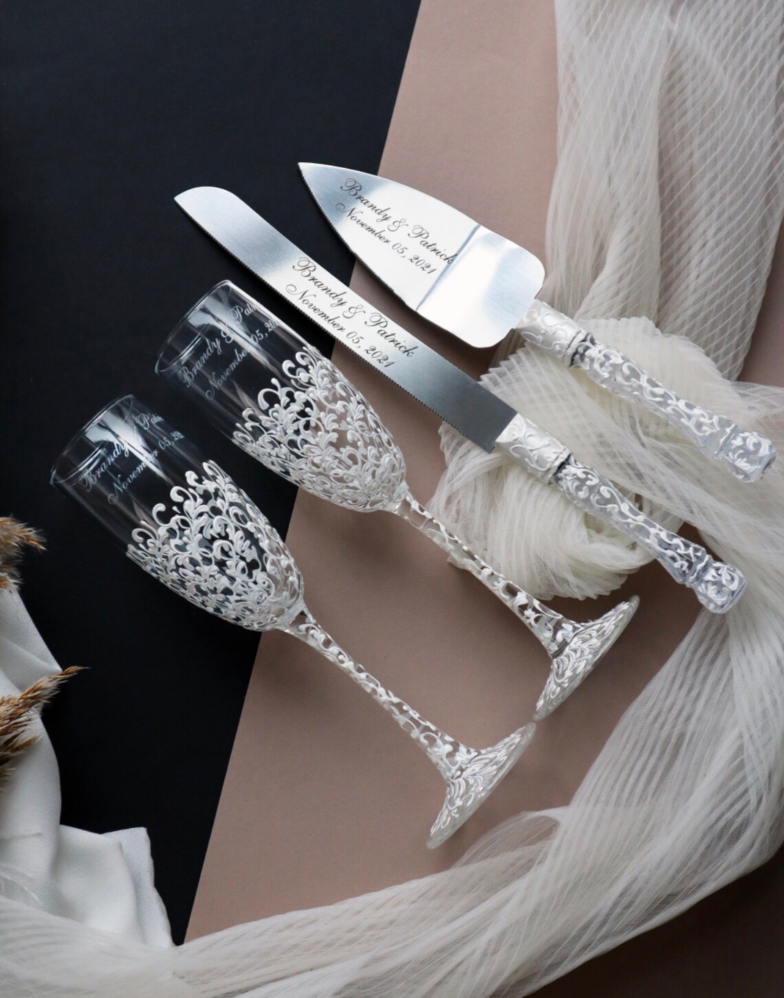 Personalized wedding flutes and cake server set Toasting Etsy