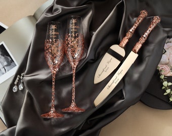 Wedding cake knife and server for bride groom Engraved champagne flutes rose gold wedding personalized gift anniversary cake cutting knife