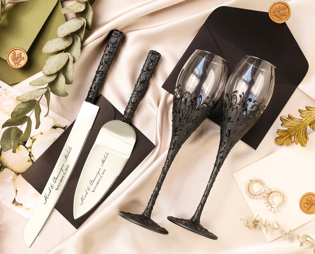 Black Gothic Wedding Champagne Flutes Toasting Glasses Black Etsy