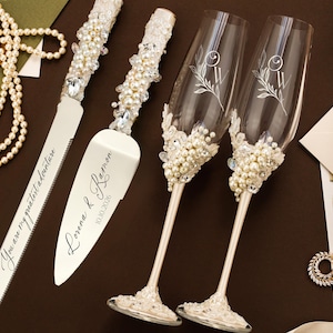 Wedding engraved glasses engagement gifts pearls Cake cutting set ivory Wedding shower gifts Personalized champagne flutes rustic lace