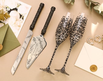 Black gothic wedding champagne flutes, Toasting glasses Black and gold Personalized gift anniversary Champagne glasses, flutes and cake set