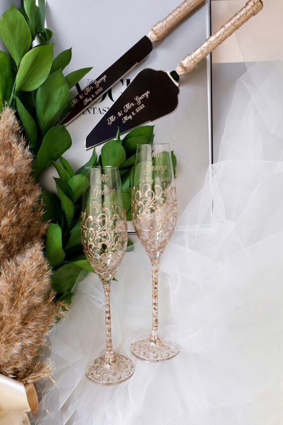 Personalized Wedding Glasses and Cake Server Set Toasting Etsy