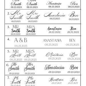 May include: A black and white chart titled ENGRAVING DESIGN OPTIONS CHOOSE YOUR DESIGN FOR FLUTES. It displays nine numbered rows of text styles for names and dates, including examples like Mr Smith, Mrs Smith, Anastasia, Ben, and the date 09.23.2023.