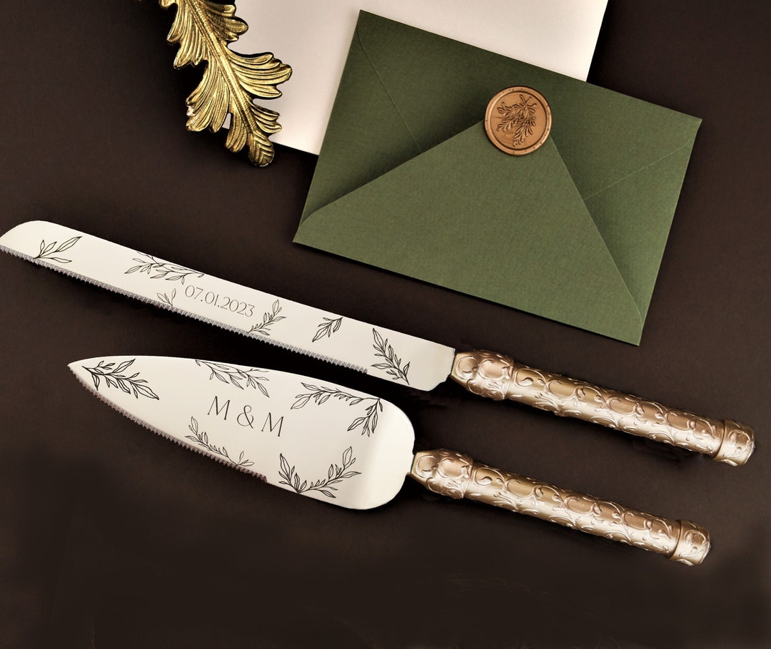 Engraved Cake Server Set Gold Wedding Cake Knife Cutter Anniversary