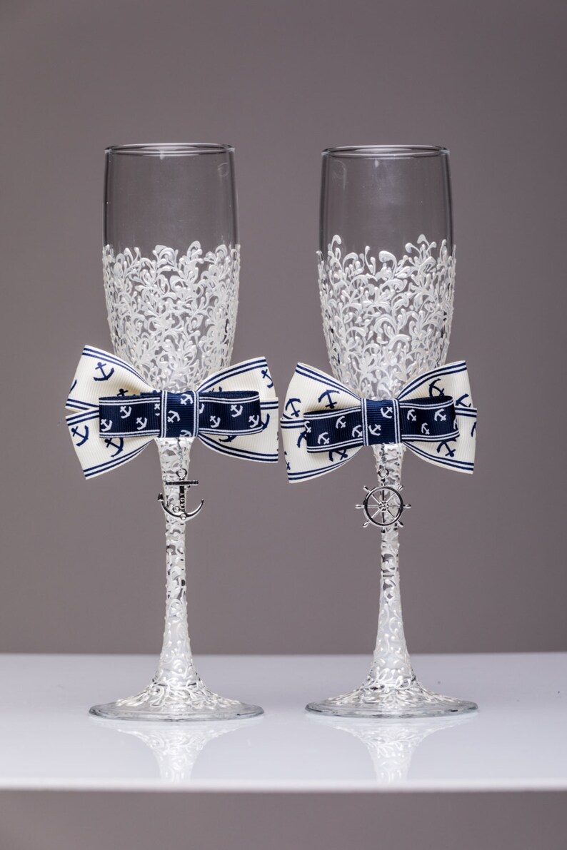 Nautical Wedding Glasses Toasting Flutes White Bride Image 0