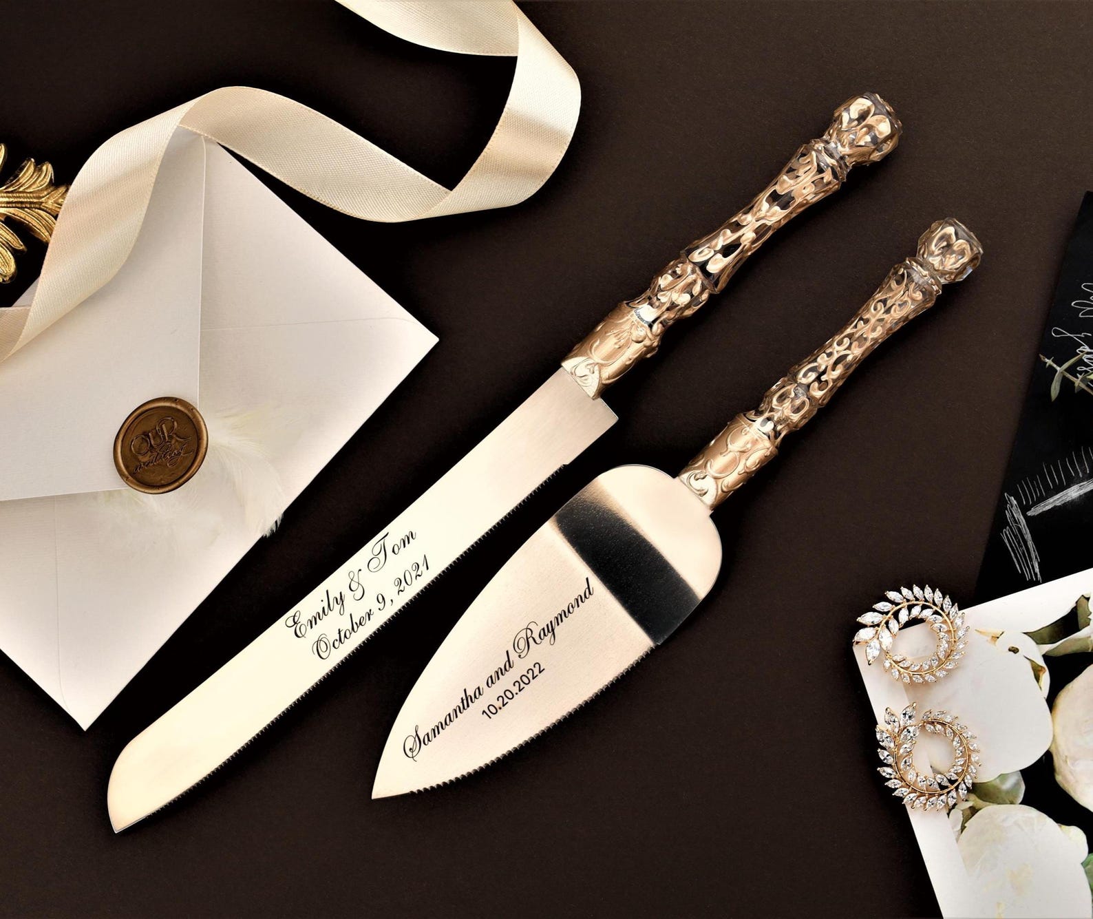 Wedding cake server set laser engraved - Champagne