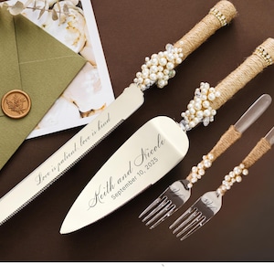Wedding glasses pearls Cake cutting server ivory Wedding shower gifts for bride Engraved champagne flutes personalized cake knife set rustic