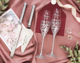 Personalized wedding cake knife and server for bride and groom wedding cake cutter set wedding gift anniversary silver champagne flutes