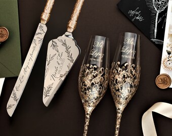 Copas de champán de boda y juego de servidor de pasteles, regalo de despedida de soltera para novia, flautas de boda y juego de corte de pasteles Aniversario de regalo de boda