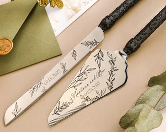 Juego de servidores para tartas grabados, regalo de boda gótico negro, juego de cuchillos para tartas, juego de cortes para tartas personalizado, juego de cortes para bodas del 25.º aniversario