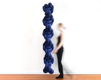 76"x12" KNITKNOT - dna | fiber art sculpture, knotted spiral art, macrame knot textile pillar, bold knitted ivory art