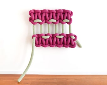 43"x37" KNITKNOT - sutura | fiber art sculpture, knotted wall tapestry, macrame knot textile wall hanging, bold knitted pink green art