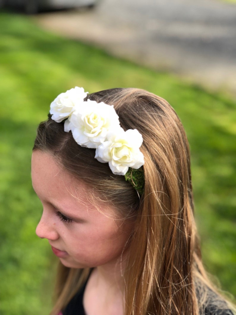 Moss Headband With White Flowers Youth to Adult Headband Etsy