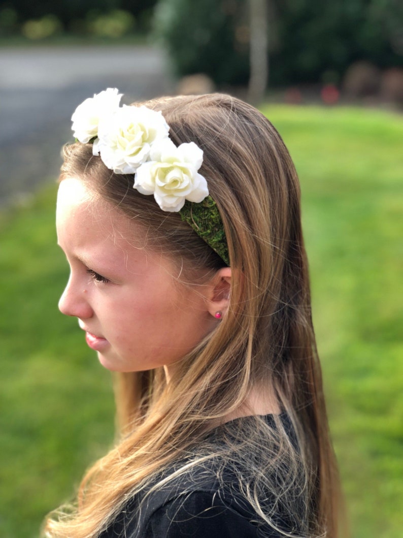 Moss Headband With White Flowers Youth to Adult Headband Etsy