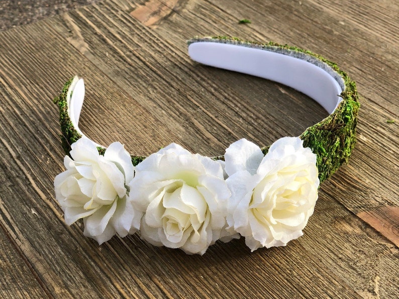 Moss Headband With White Flowers Youth to Adult Headband Etsy