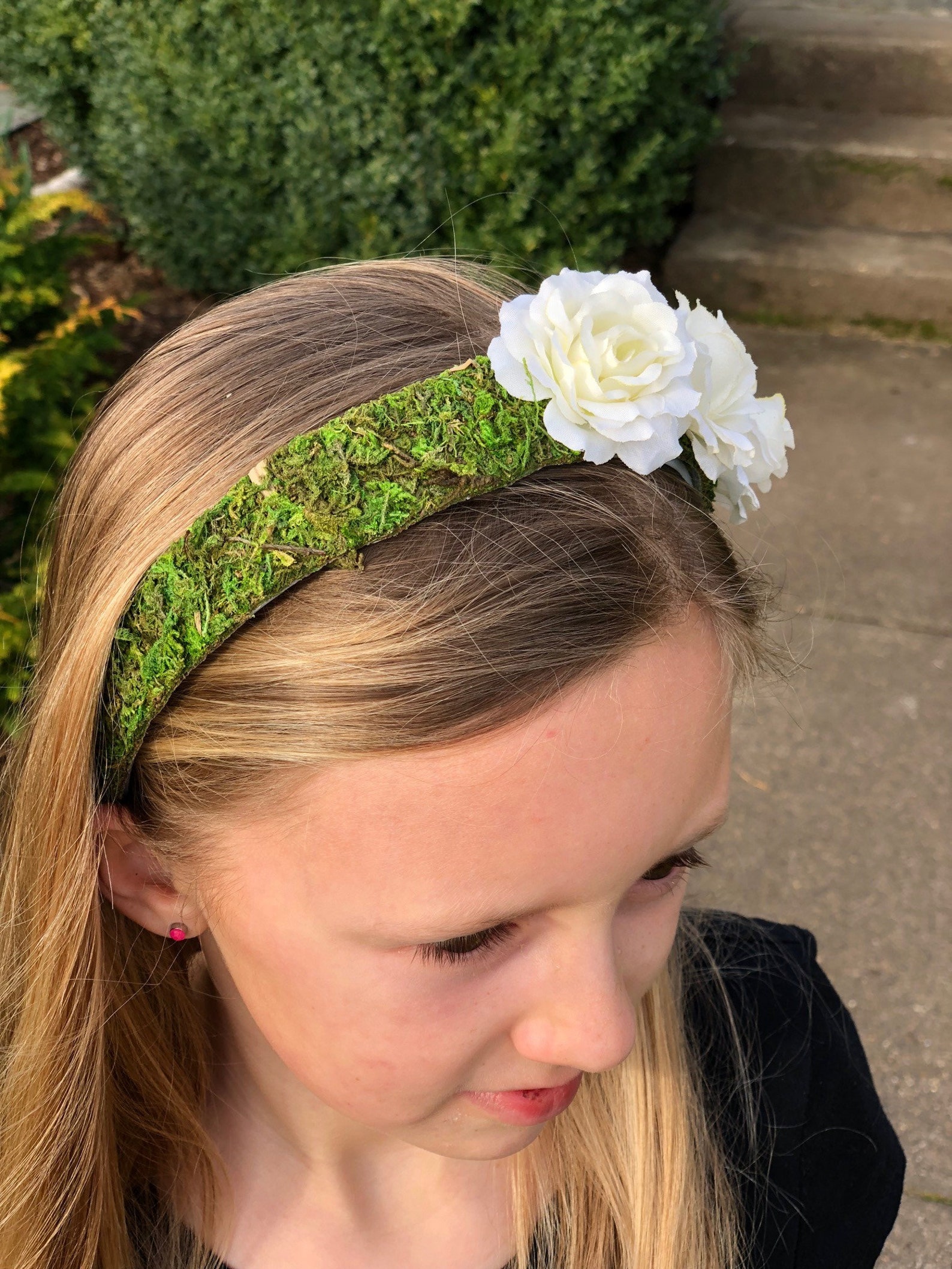 Moss Headband With White Flowers Youth to Adult Headband Etsy