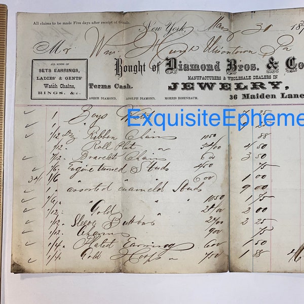 Antique Victorian Era (1872) Diamond Bros. & Co. Invoice