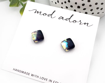 Opalescent Black Resin Stud Earrings, Square Shimmer Stud Earrings, Unique Translucent Hypoallergenic Earrings, Holographic Post Earrings
