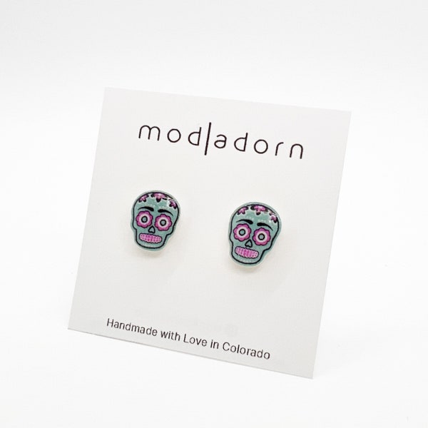 Sugar Skull Stud Earrings, Day of the Dead, Halloween Turquoise Skulls, Hypoallergenic Stainless Steel Posts, Women Girls Present