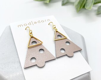 Leather Christmas Tree Dangle Earrings, Rose Gold Genuine Leather, Champaign Holiday Earrings