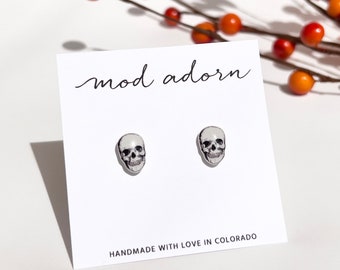 Realistic Skull Stud Earrings, Halloween Earrings, Black White Anatomical Skull, Hypoallergenic Stainless Steel Posts, Fall Season Gift