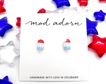 Patriotic Ice Pop Earrings, Red White and Blue Treat Studs, Fourth of July Hypoallergenic Post Earrings, Women Kids Holiday Gift