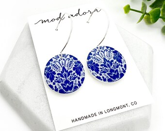 Blue and White Elegant Floral Round Dangle Earrings