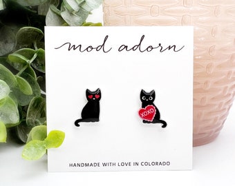 Valentines Day Cat Earrings, Mismatched Heart Kitty Post Earrings, Cute Valentine Stud Earrings, Womens Kids Black Cat Jewelry