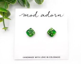 Green Sparkly Resin Stud Earrings, St Patricks Day Earrings, Green Square Stud Earrings, Hypoallergenic Posts, Green St Pattys Day Jewelry