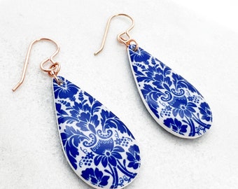Blue and White Elegant Floral Print Resin Teardrop Dangle Earrings