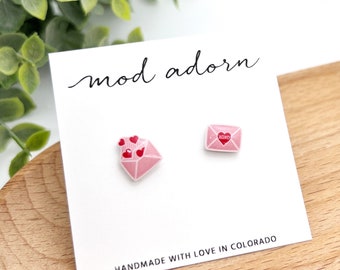 Valentines Day Envelope Stud Earrings, Mismatched Heart Mail Post Earrings, Valentine Card Jewelry, Love Letter Womens Gift