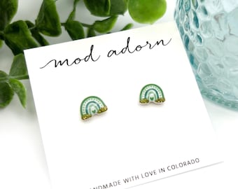 St. Patrick’s Day Rainbow Stud Earrings, Green Boho Rainbow Earrings, Hypoallergenic Stainless Steel Posts, Women Girls Holiday Jewelry