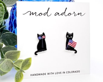 Fourth of July Cat Earrings, Black Kitty Mismatched Studs, Patriotic Cat, American Flag Kitty, Hypoallergenic Posts, Women Kids Holiday Gift