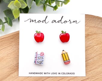 Pencil Paper Apples Stud Earrings, Mismatched School Supplies Earrings Set, Back to School Teacher Gift, Student Earrings, Hypoallergenic